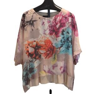 Ali Miles Floral Tunic Top Size 2X Sheer Overlay Lagenlook Pleats Pastel Pink